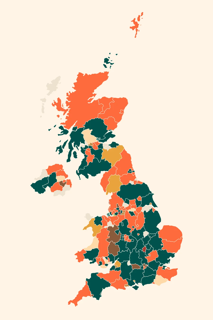 The full UK county map, coral counties naming Strawberry 'Rita as best seller and green counties naming Berry Cherry Limeade